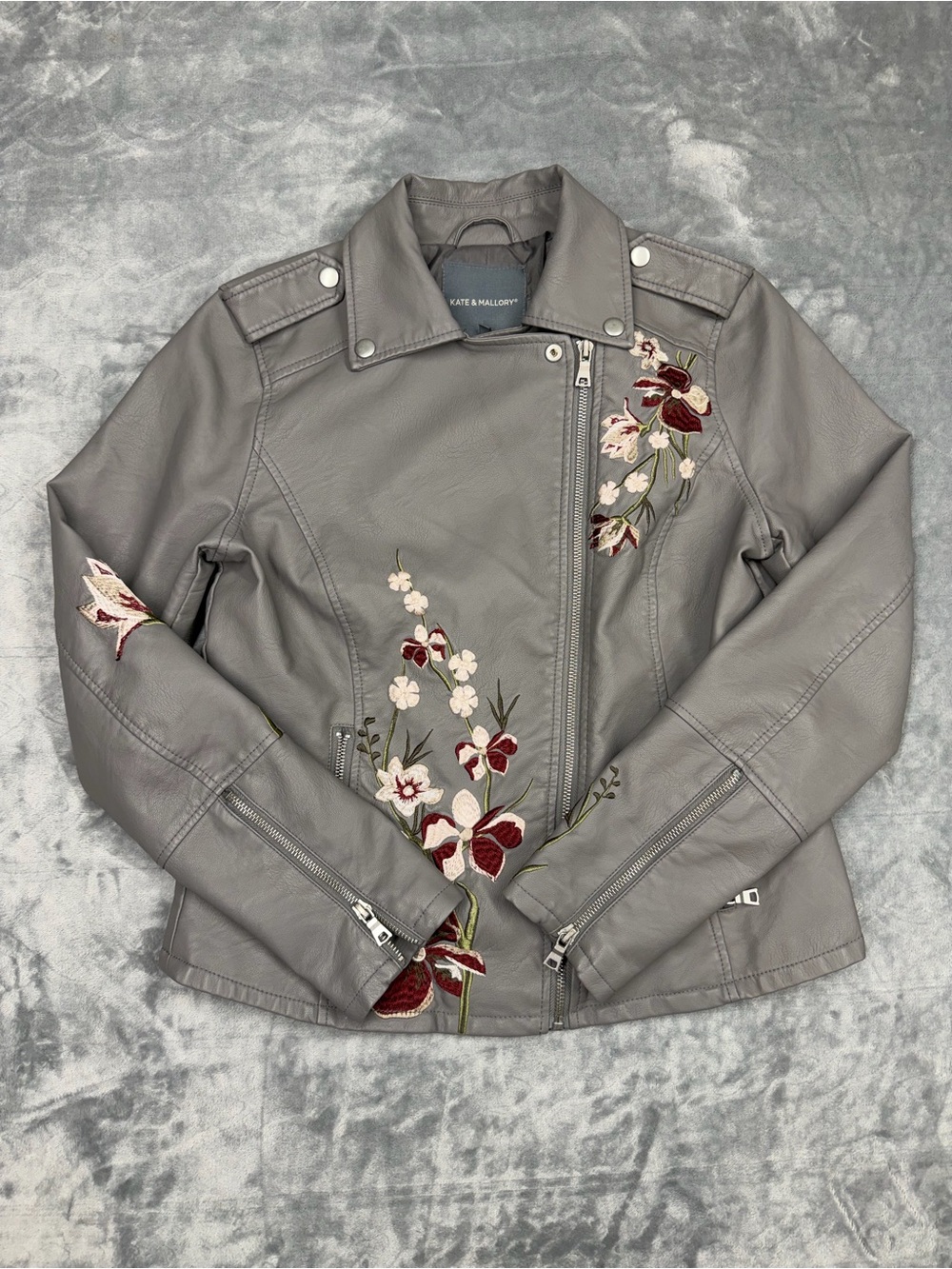 Kate & Mallory Gray Faux-Leather Floral Moto Jacket